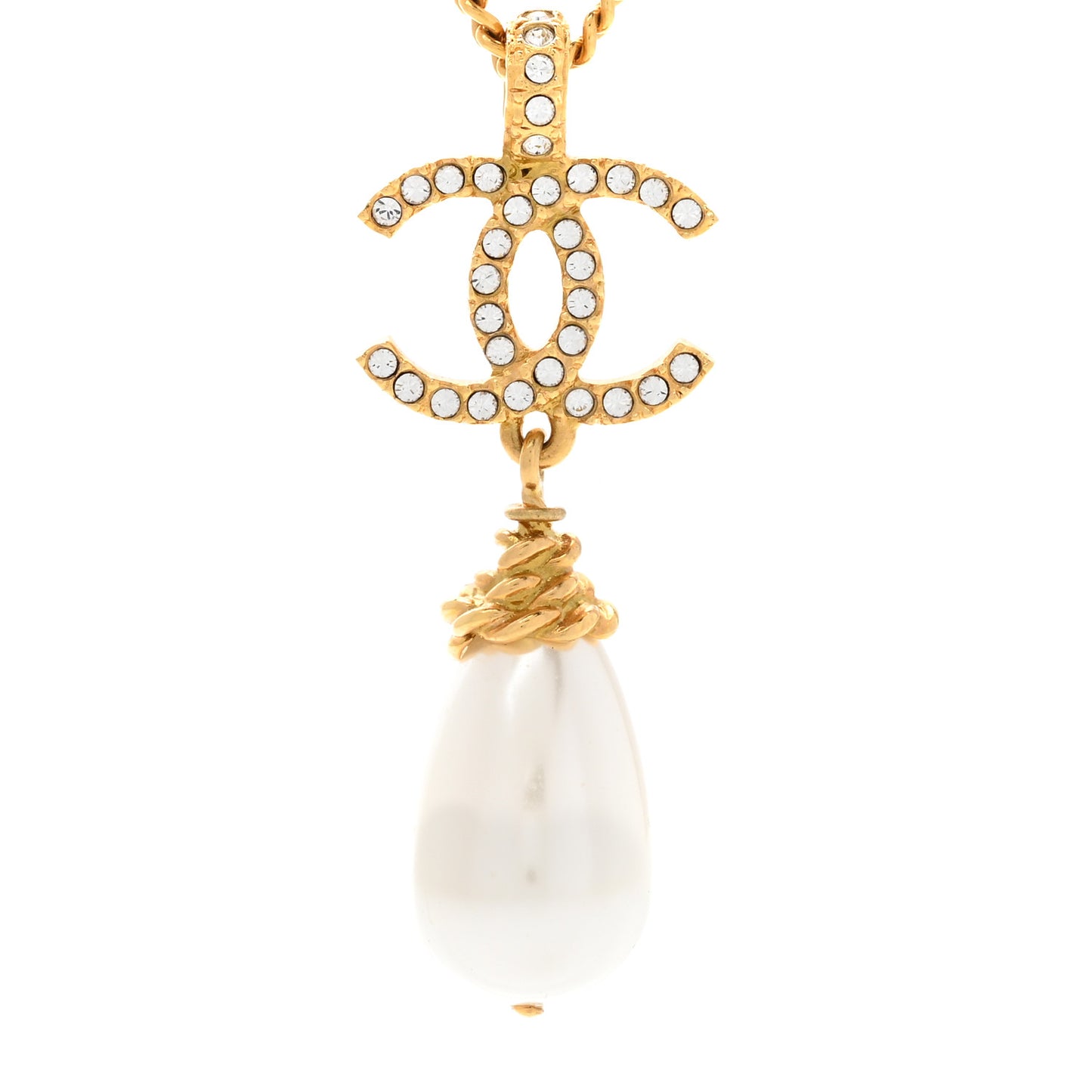 Pearl Crystal Twisted CC Drop Necklace Gold