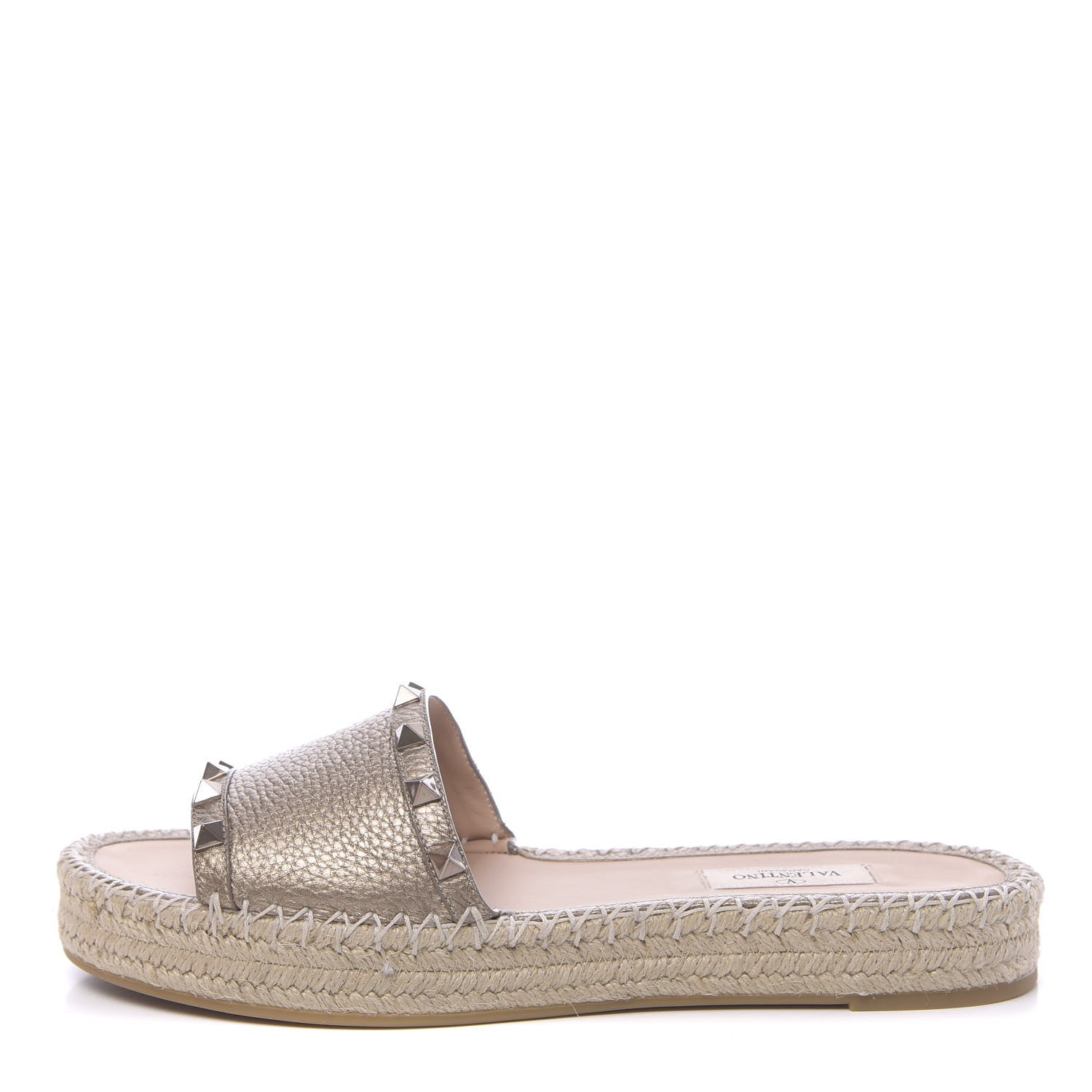 Valentino Garavani Metallic Grained Calfskin Rockstud Espadrille Flat Slide Sandals 39 Skin Natural 1 of 9