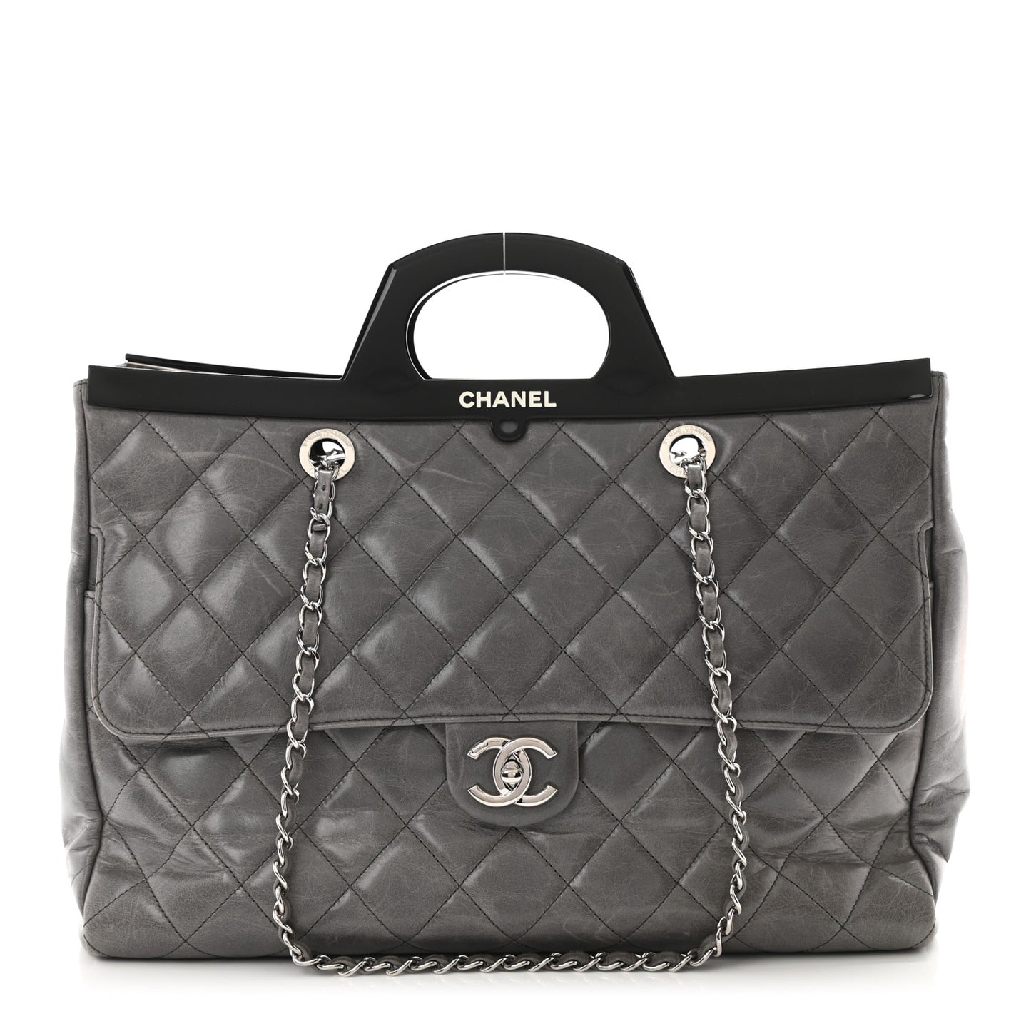 Glazed Calfskin Quilted Large CC Delivery Tote Grey