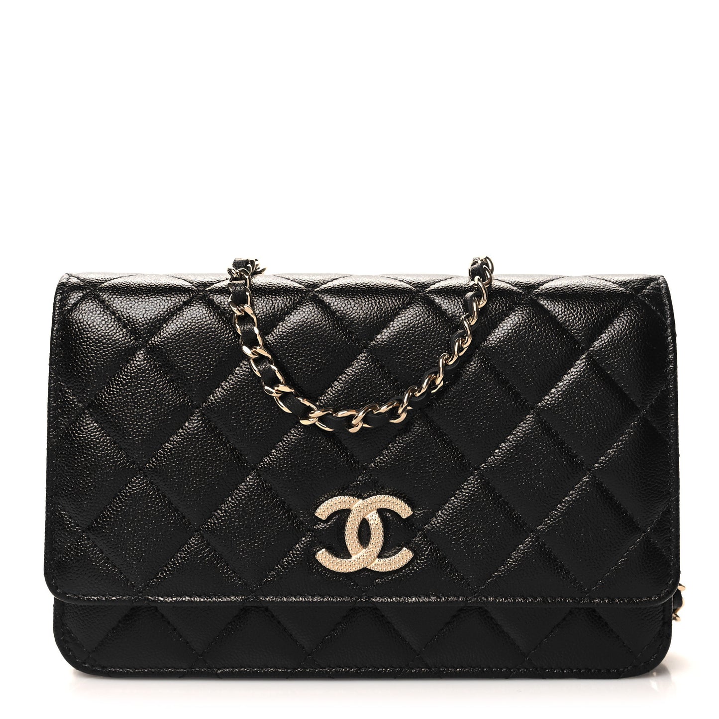 Caviar Quilted Studded CC Wallet on Chain WOC Black
