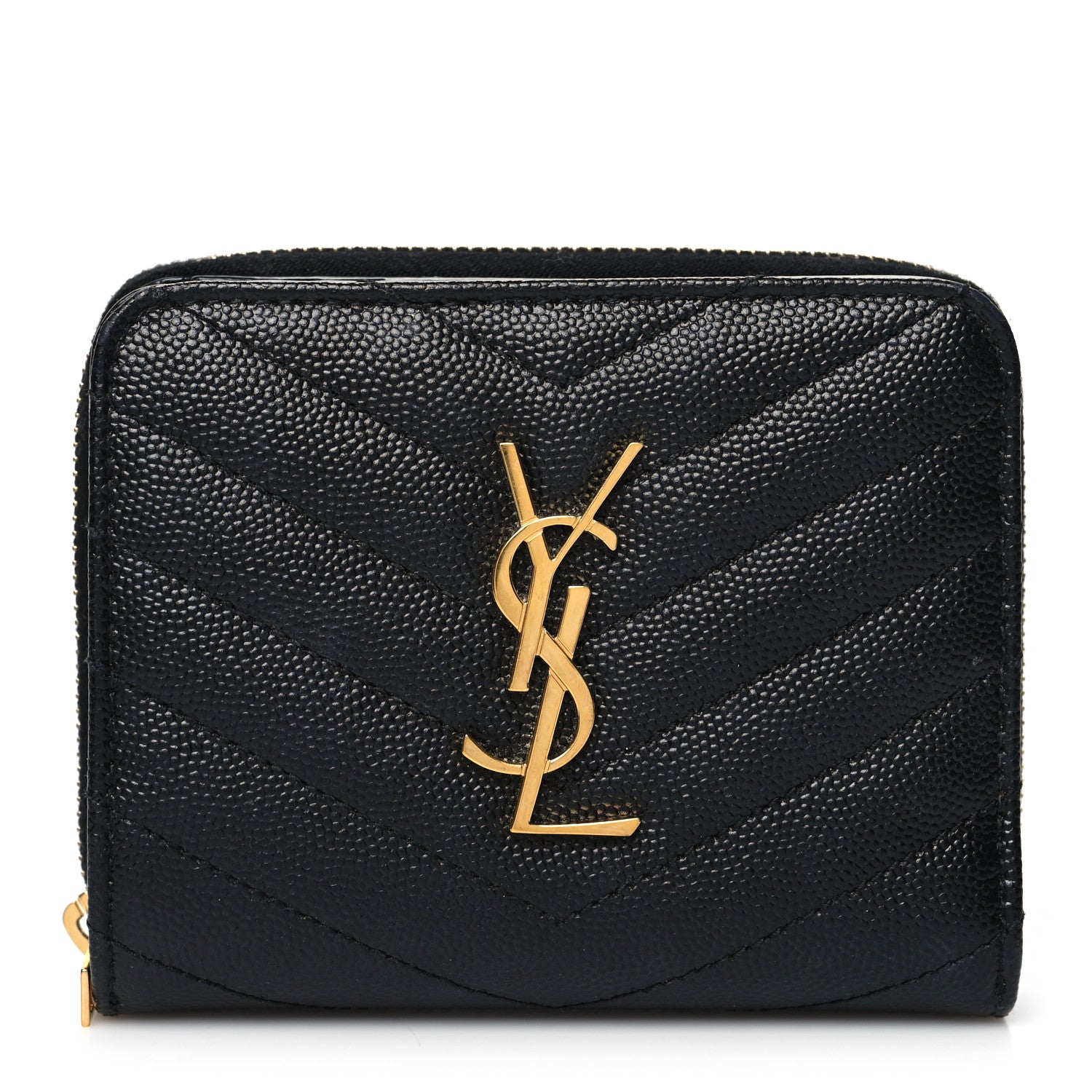 Saint Laurent Grain De Poudre Matelasse Chevron Monogram Compact Zip Around Wallet Black 1 of 10