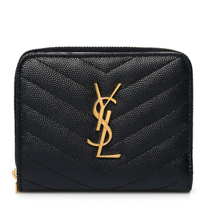 Saint Laurent Grain De Poudre Matelasse Chevron Monogram Compact Zip Around Wallet Black 1 of 10