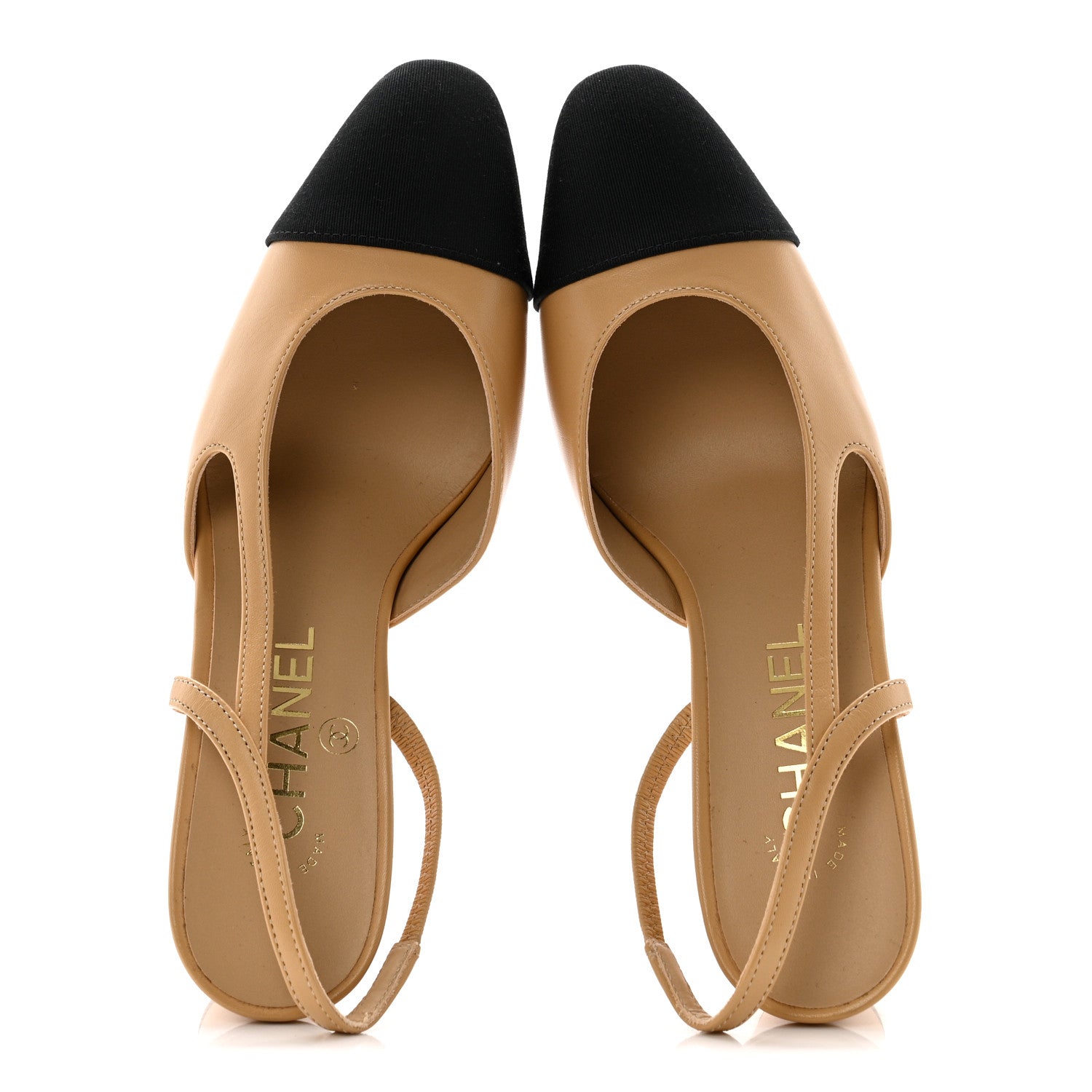 Chanel Goatskin Grosgrain Cap Toe CC Slingback Pumps 36.5 Beige Black 2 of 10