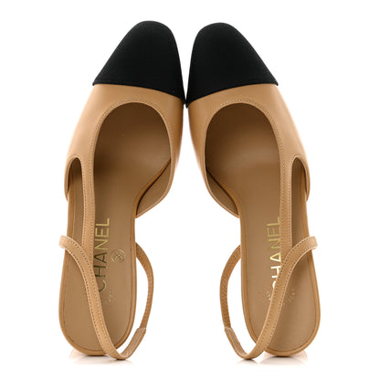 Chanel Goatskin Grosgrain Cap Toe CC Slingback Pumps 36.5 Beige Black 2 of 10