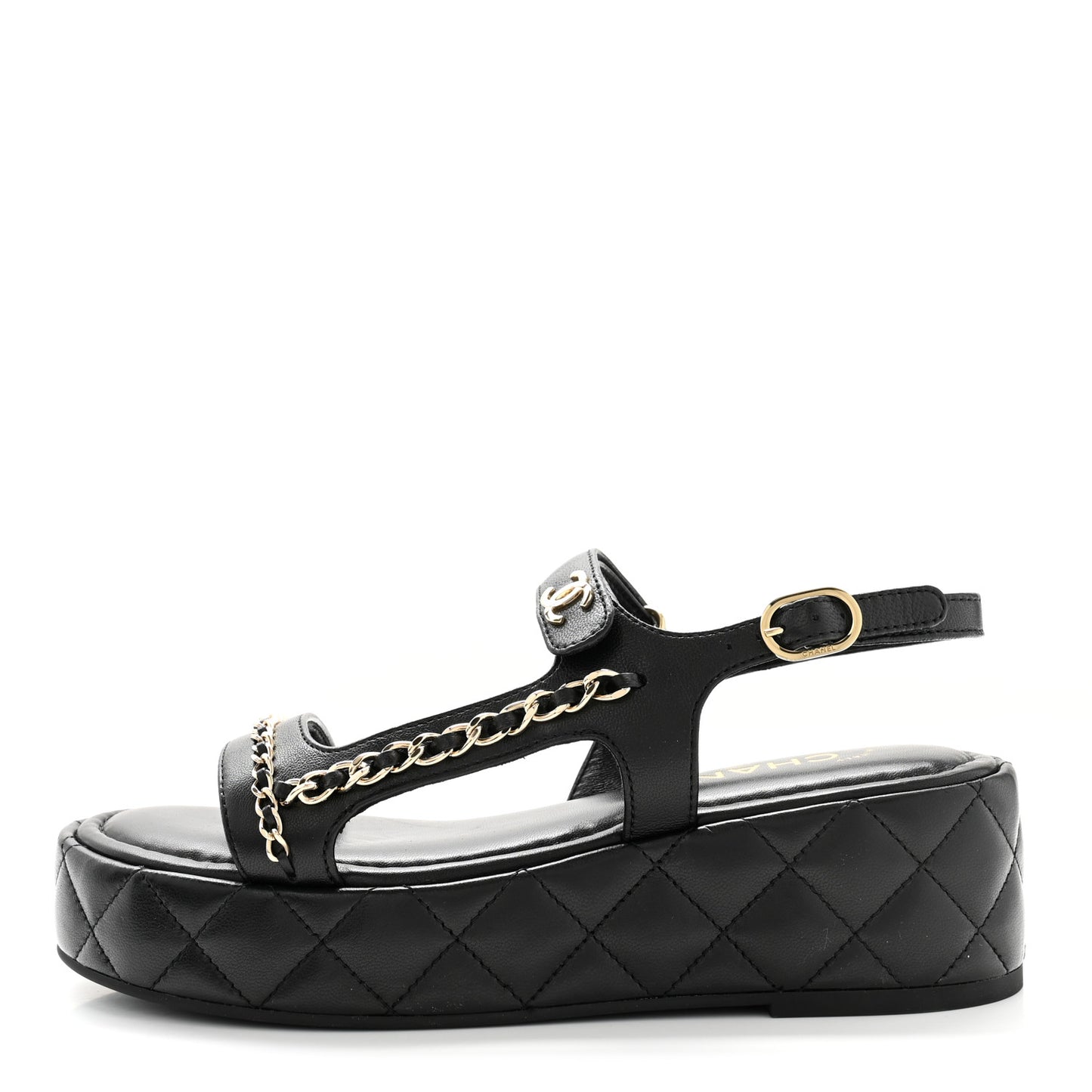 Lambskin Quilted Chain CC Platform Sandals 37.5 Black