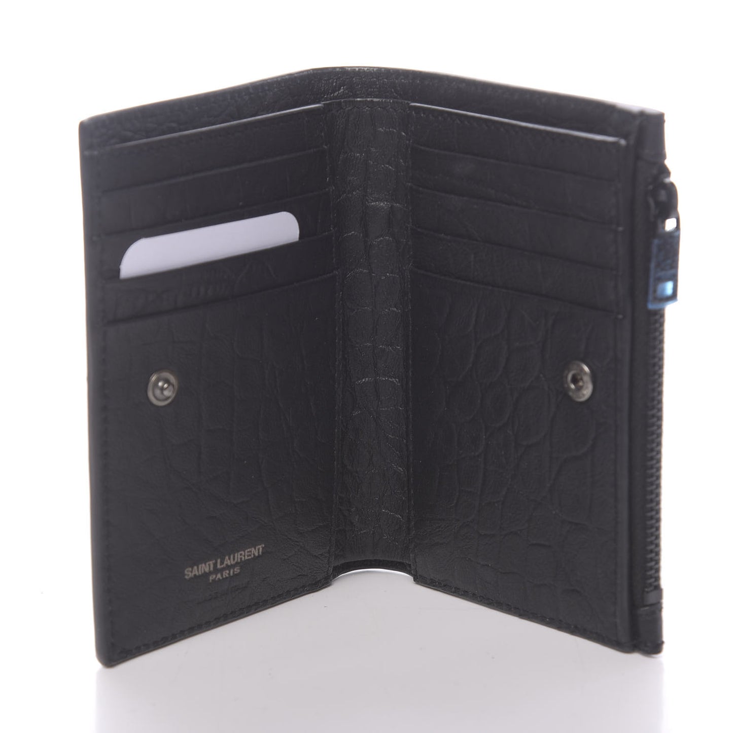 Calfskin Crocodile Embossed Monogram Bi-Fold Zipped Wallet Black