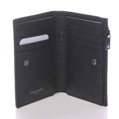 Saint Laurent Calfskin Crocodile Embossed Monogram Bi-Fold Zipped Wallet Black 5 of 8