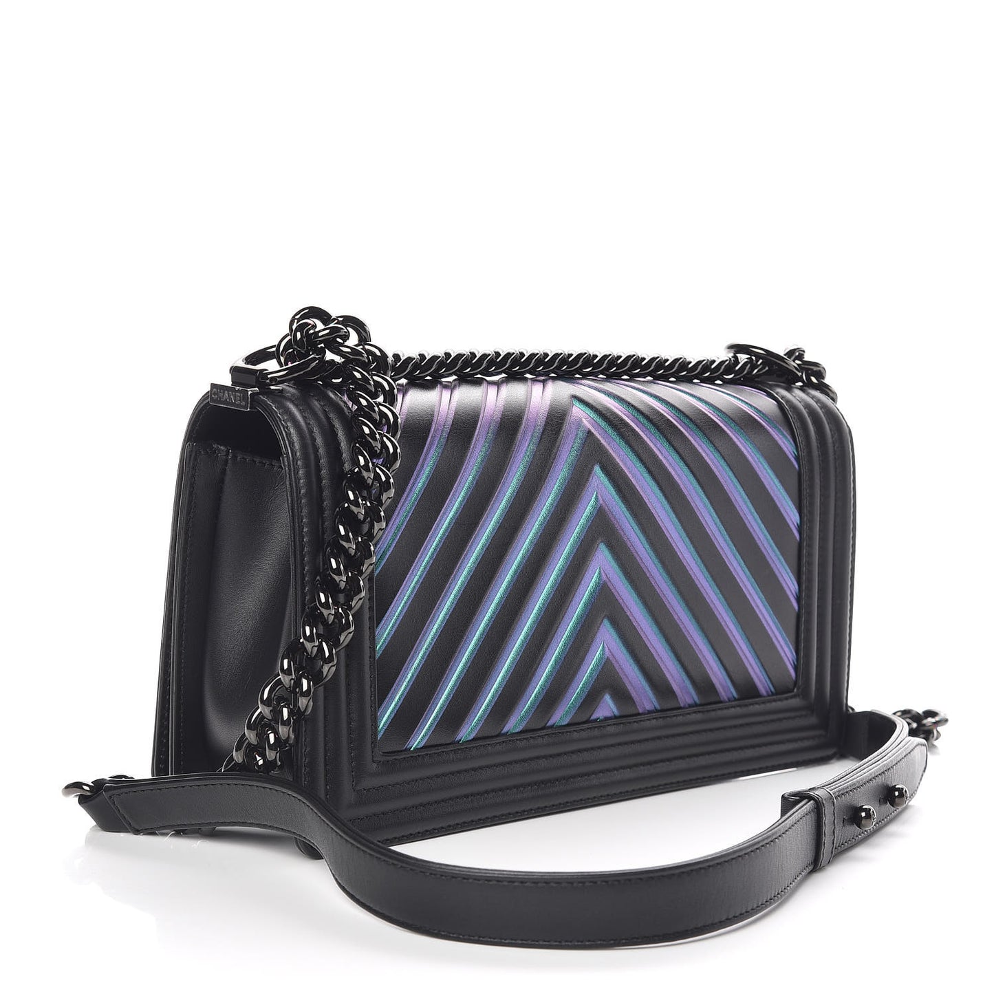 Calfskin Painted Chevron Embossed Medium Boy Flap Black