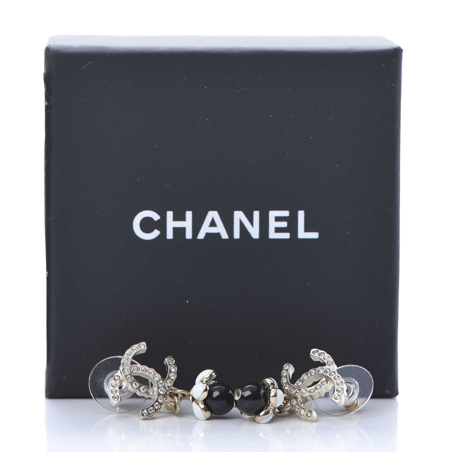 Chanel Crystal Bead Pearl CC Drop Earrings Gold White Black 5 of 5