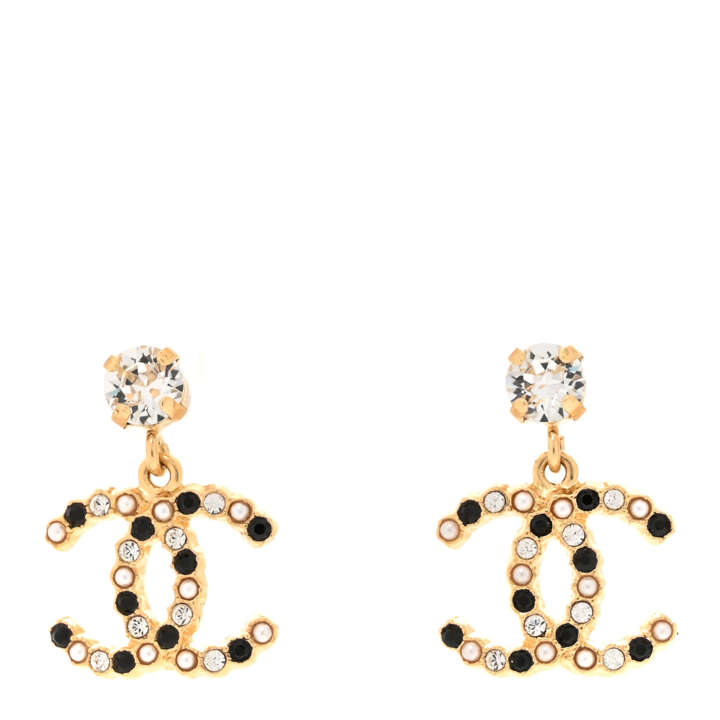 Resin Crystal Pearl CC Drop Earrings Gold Black