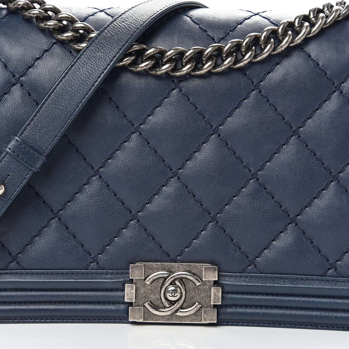 Calfskin Double Stitch New Medium Boy Flap Navy Blue