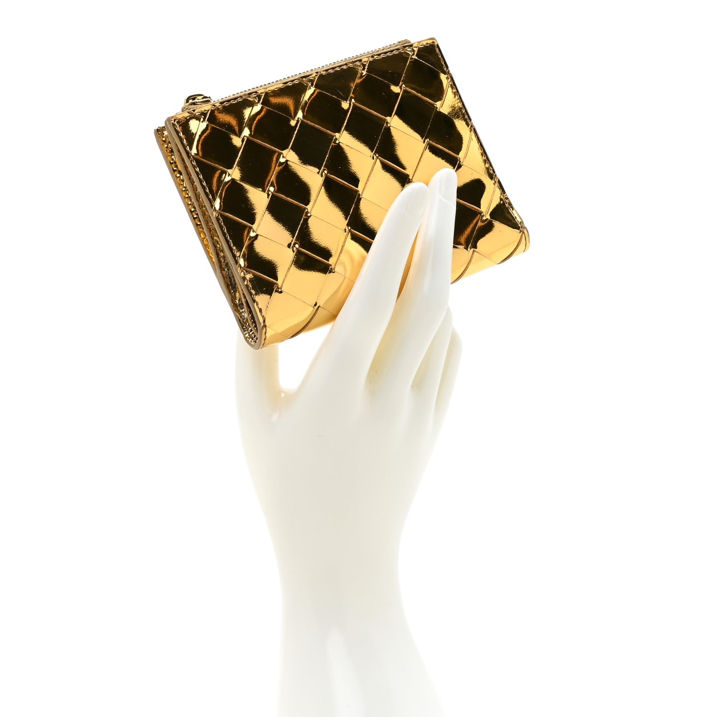 Mirror Laminated Nappa Intrecciato Small Bi-Fold Zip Wallet Gold