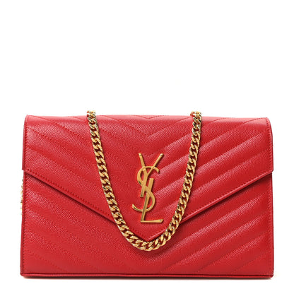 Saint Laurent Grain De Poudre Matelasse Chevron Monogram Chain Wallet Red 1 of 9
