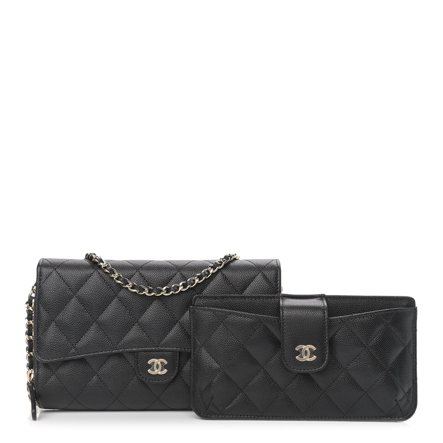 Caviar Quilted Phone Holder Wallet With Removable Chain Black