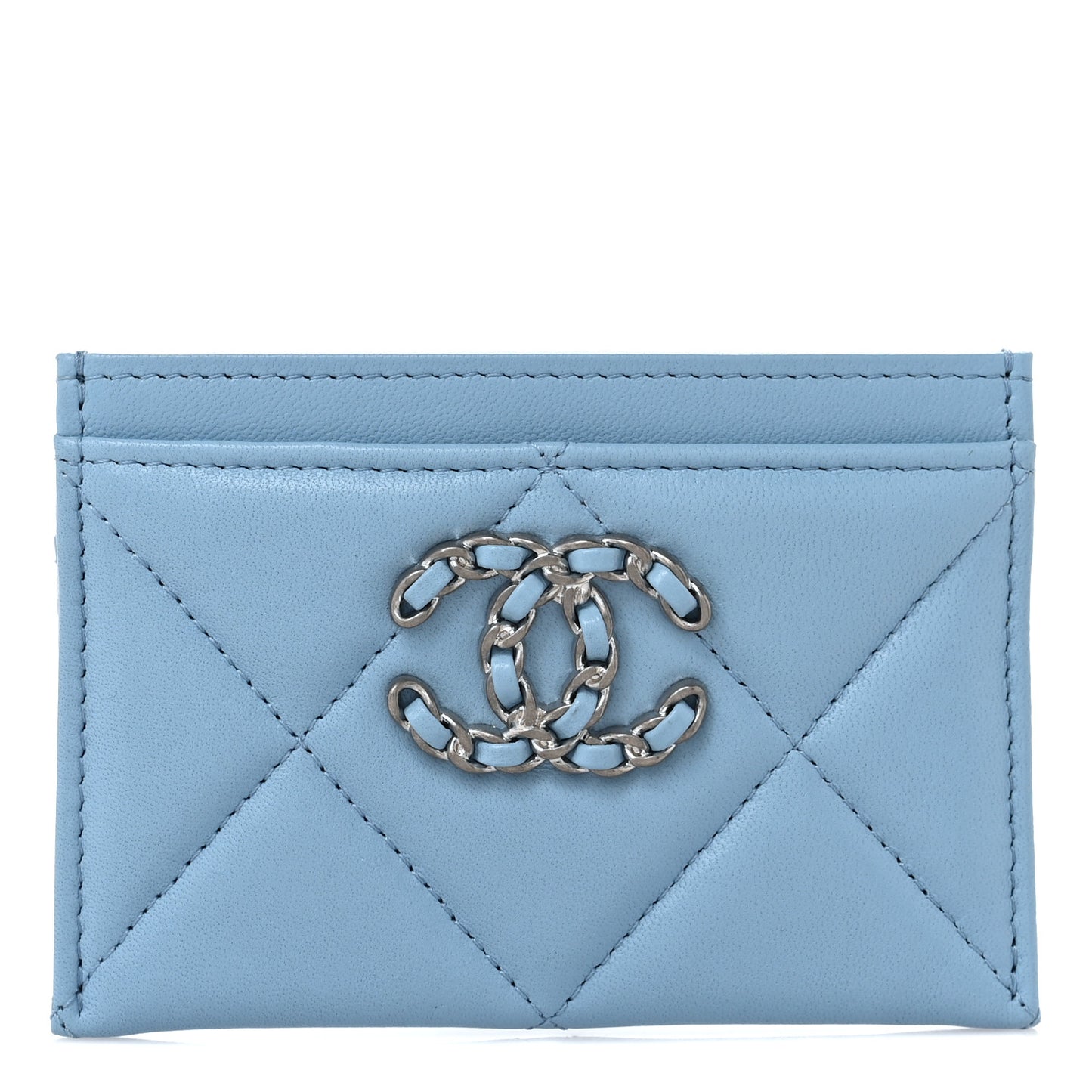 Lambskin Quilted Chanel 19 Card Holder Light Blue