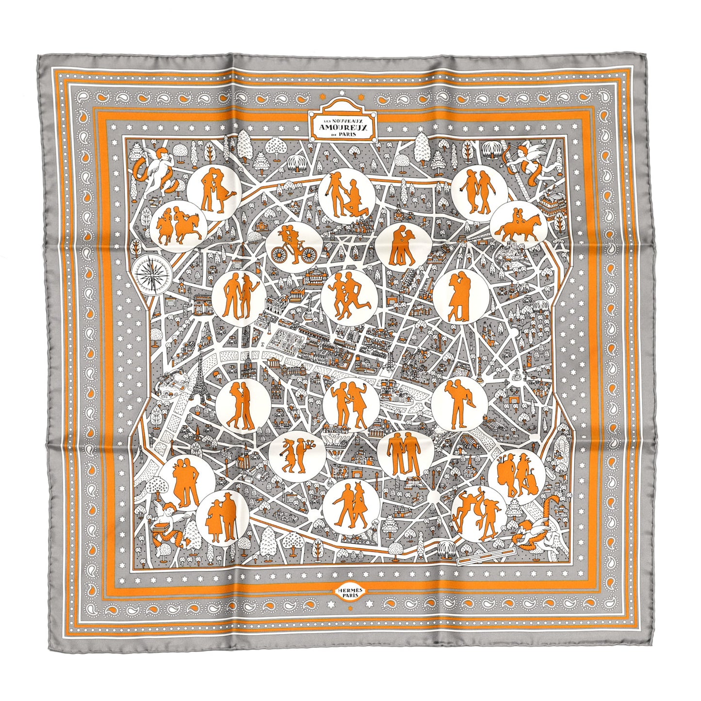 Silk Les Nouveaux Amoureux de Paris Bandana Scarf 55 Gris White Caramel