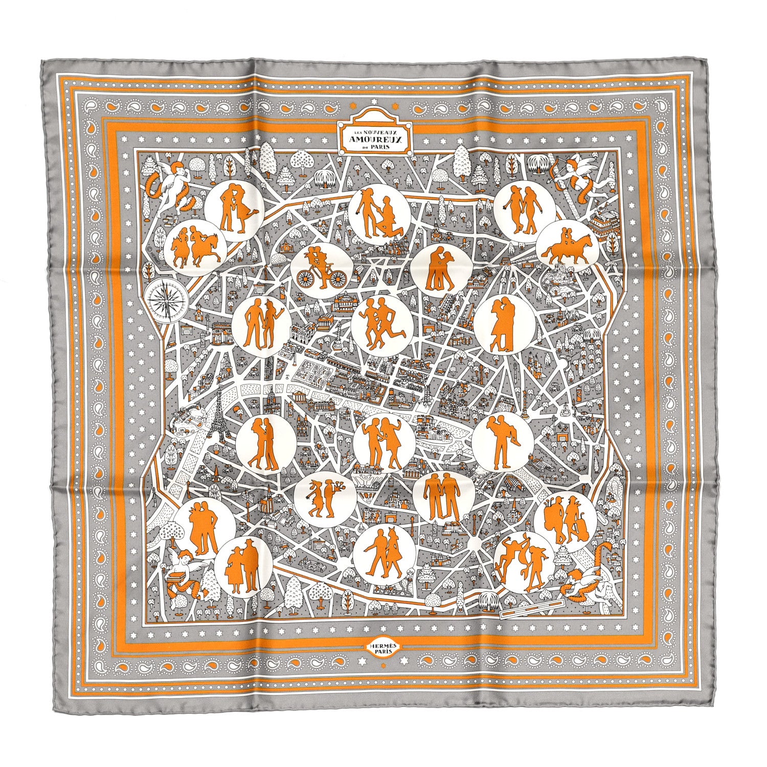 Hermes Silk Les Nouveaux Amoureux de Paris Bandana Scarf 55 Gris White Caramel 1 of 5