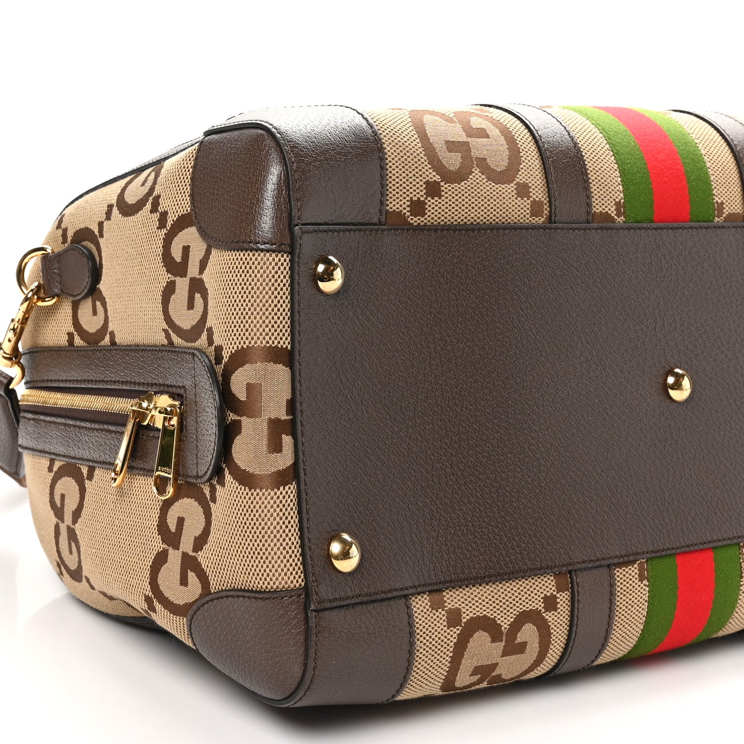 Gucci Monogram Jumbo GG Textured Dollar Calfskin Web Medium Duffle Bag Camel Ebony 8 of 9