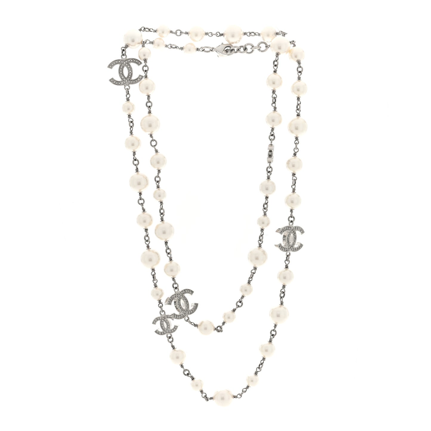 Pearl Crystal CC Necklace Silver Pearly White