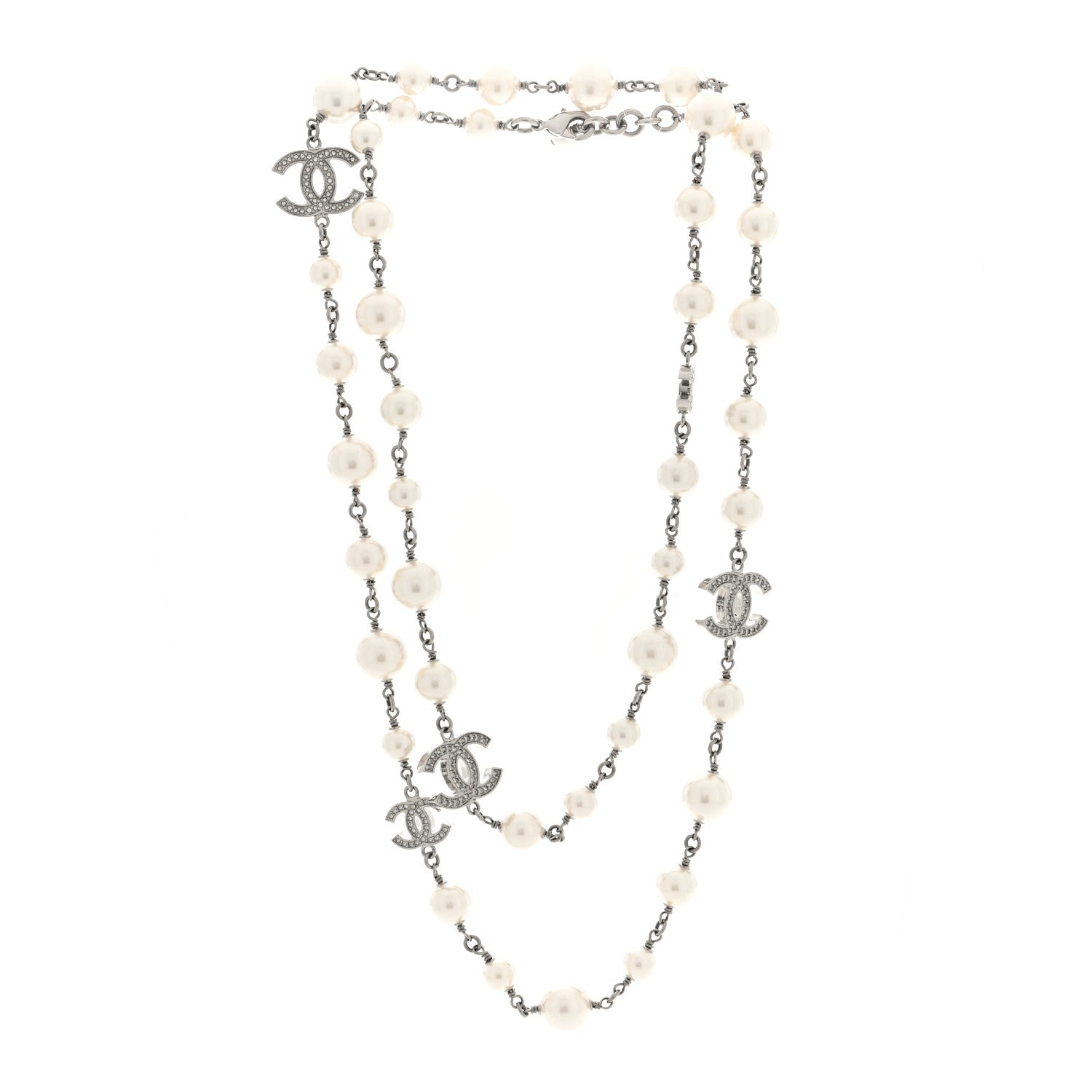 Chanel Pearl Crystal CC Necklace Silver Pearly White 3 of 4
