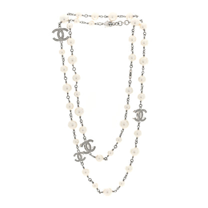 Chanel Pearl Crystal CC Necklace Silver Pearly White 3 of 4