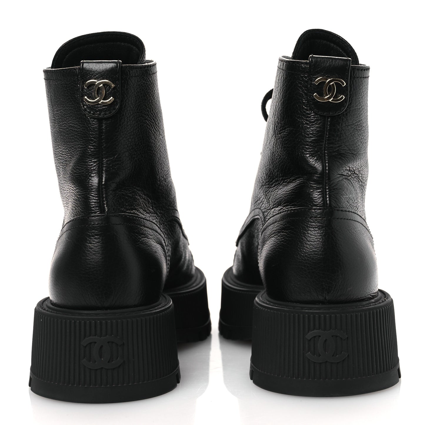 Grained Calfskin Shiny Calfskin CC Lace Up Combat Boots 38.5 Black