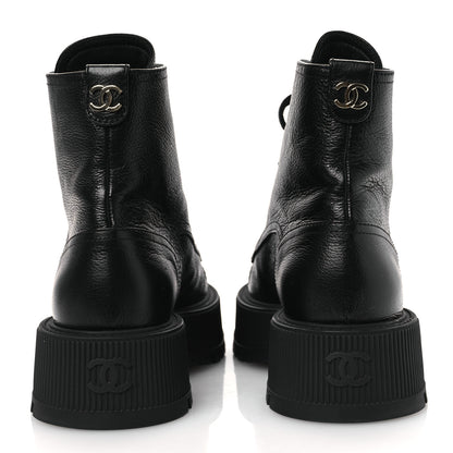 Chanel Grained Calfskin Shiny Calfskin CC Lace Up Combat Boots 38.5 Black 6 of 11