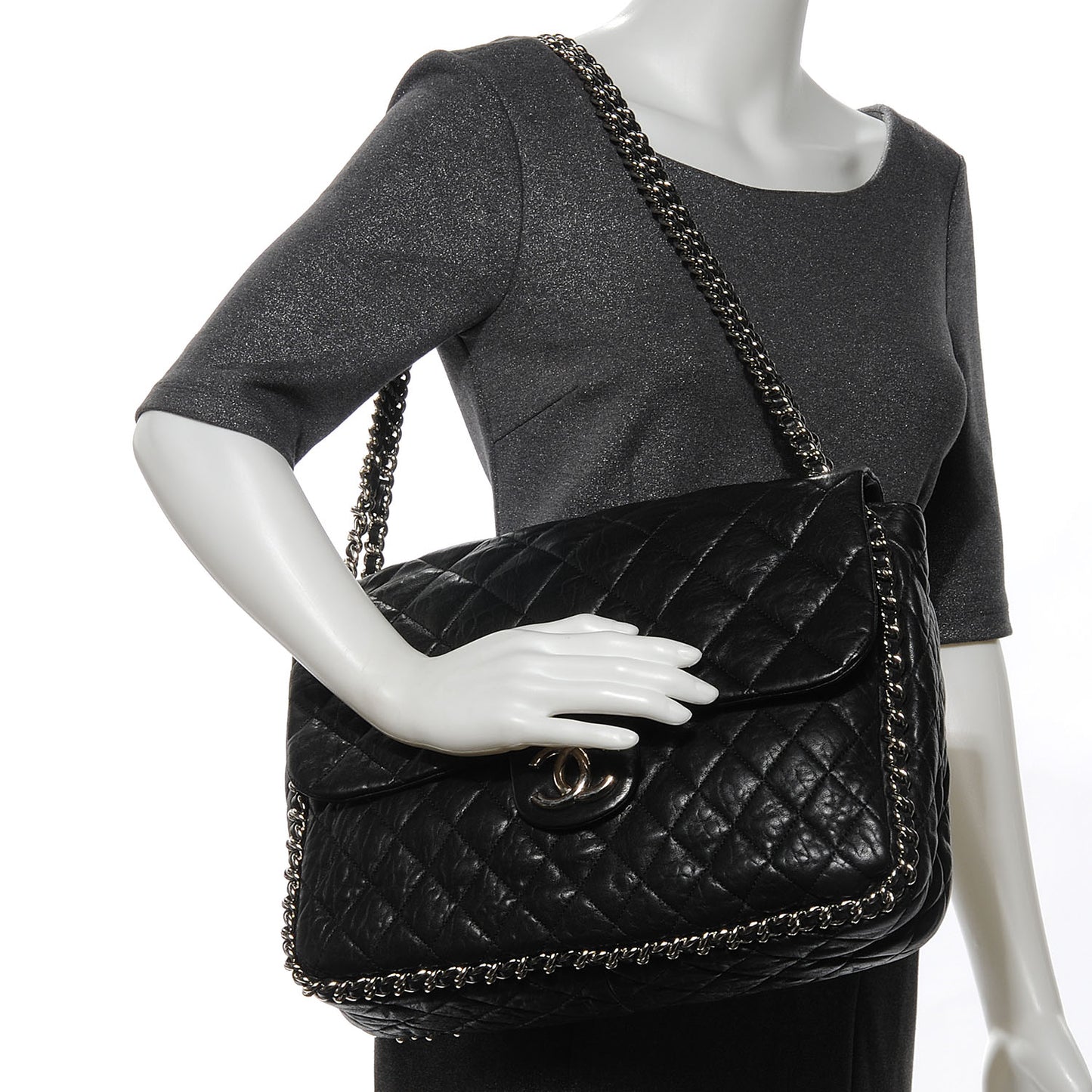 Washed Lambskin Chain Around Maxi Flap Bag Black
