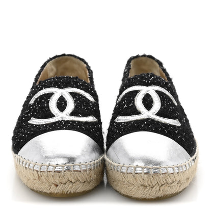 Chanel Metallic Lambskin Tweed CC Espadrilles 39 Black Silver 3 of 10