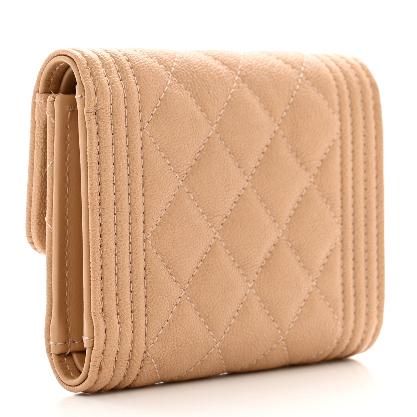 Caviar Quilted Compact Boy Flap Wallet Beige