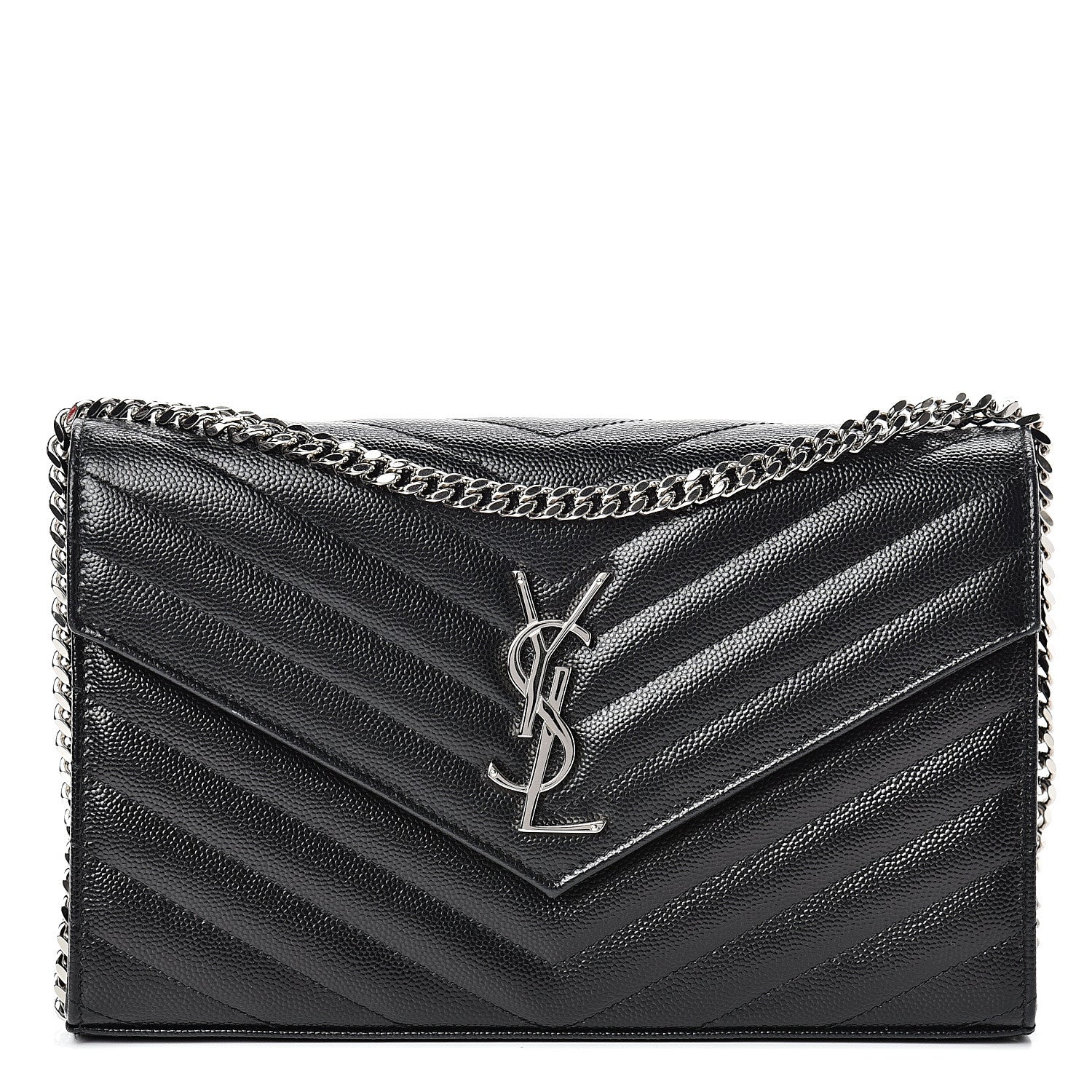 Saint Laurent Grain De Poudre Matelasse Chevron Monogram Chain Wallet Black 1 of 10