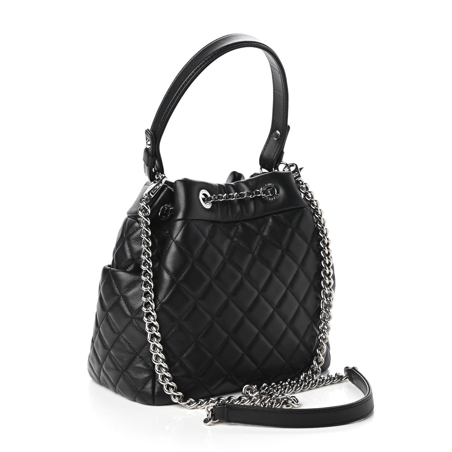 Lambskin Quilted Small CC Chain Bucket Drawstring Bag Black
