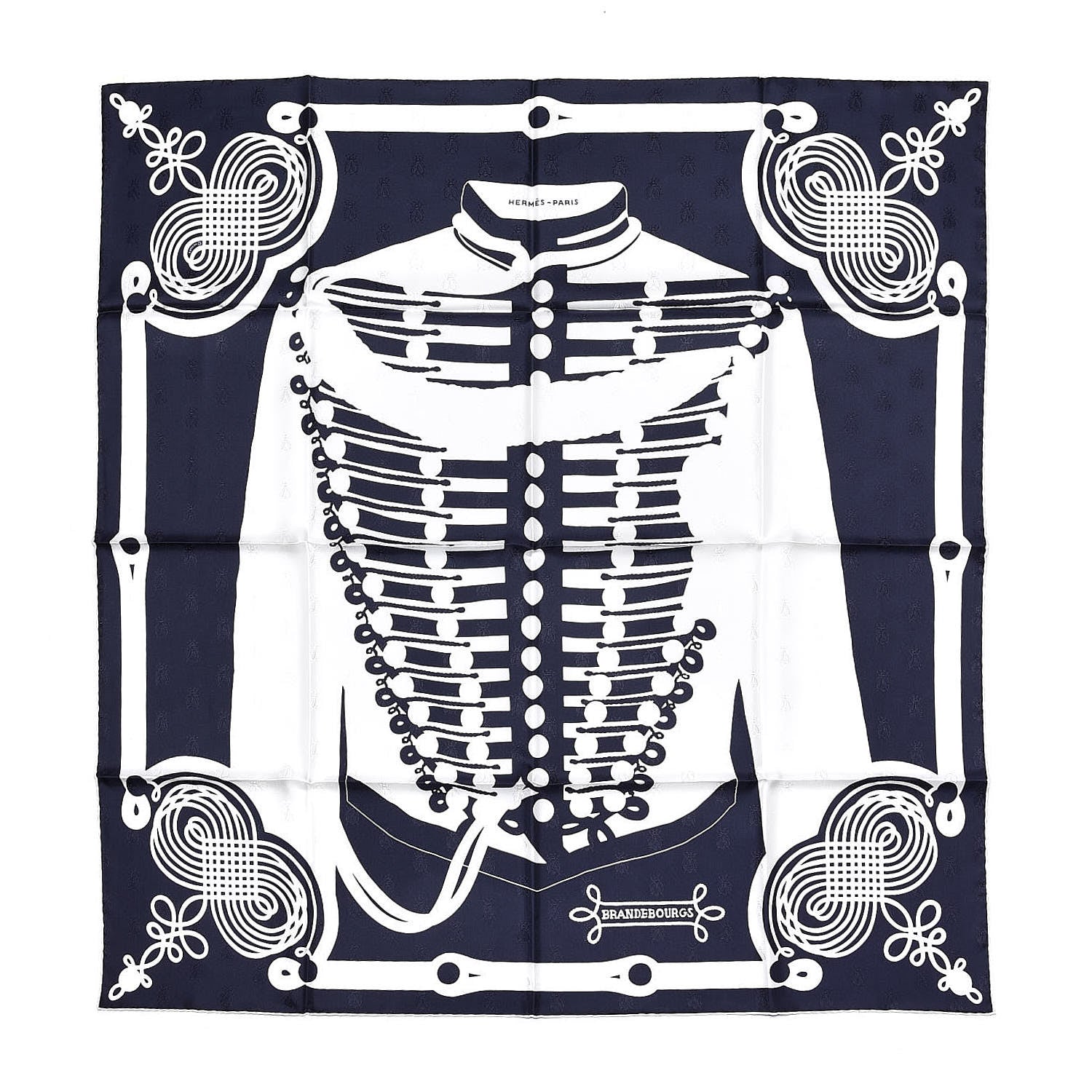 Hermes Silk Brandebourgs Tattoo Scarf 90 Marine Blanc 1 of 6