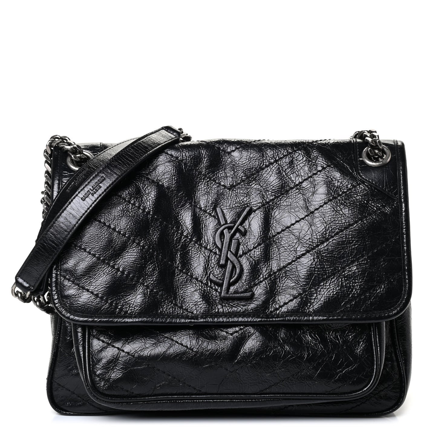 Crinkled Calfskin Matelasse Monogram Medium Niki Chain Satchel Black