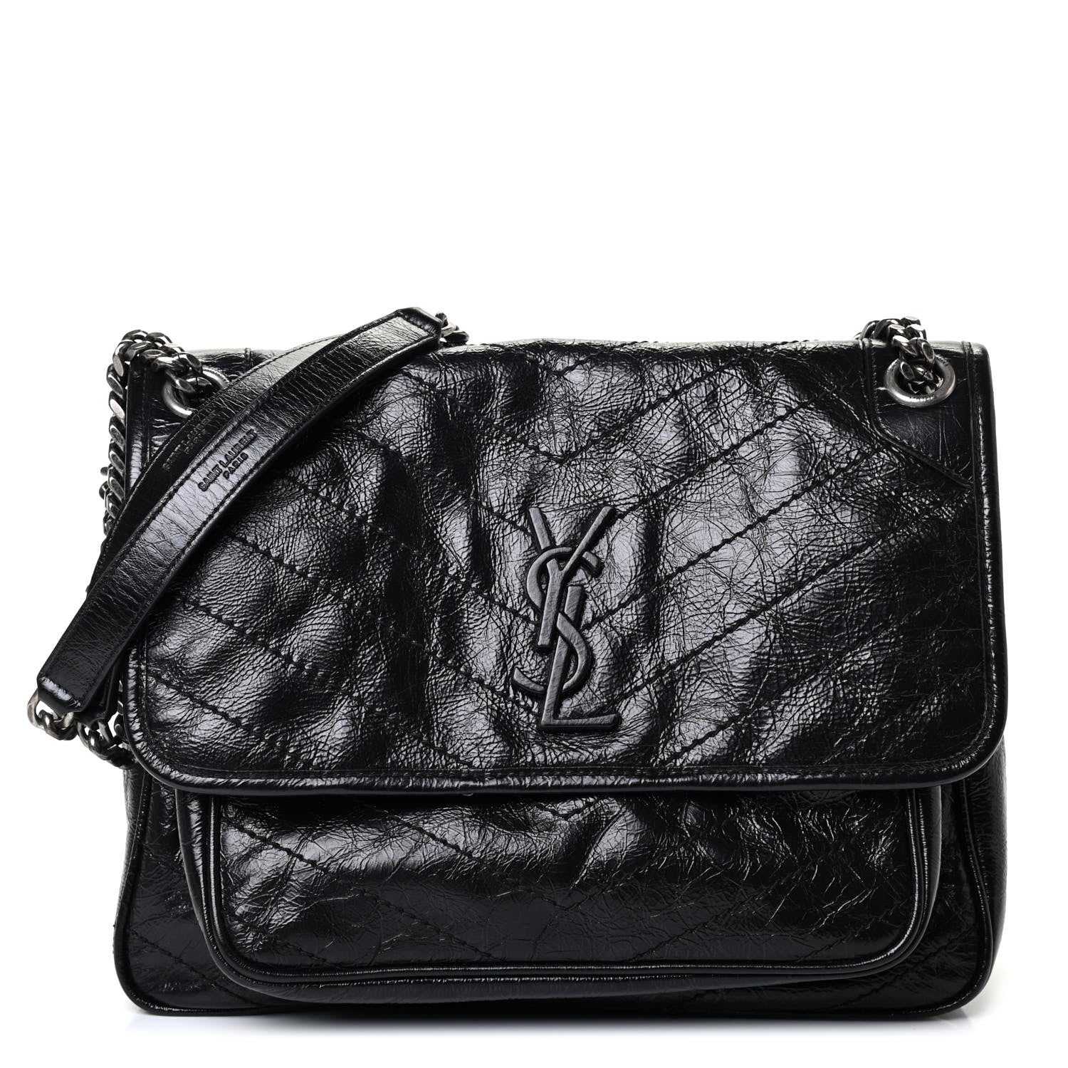 Saint Laurent Crinkled Calfskin Matelasse Monogram Medium Niki Chain Satchel Black 1 of 4