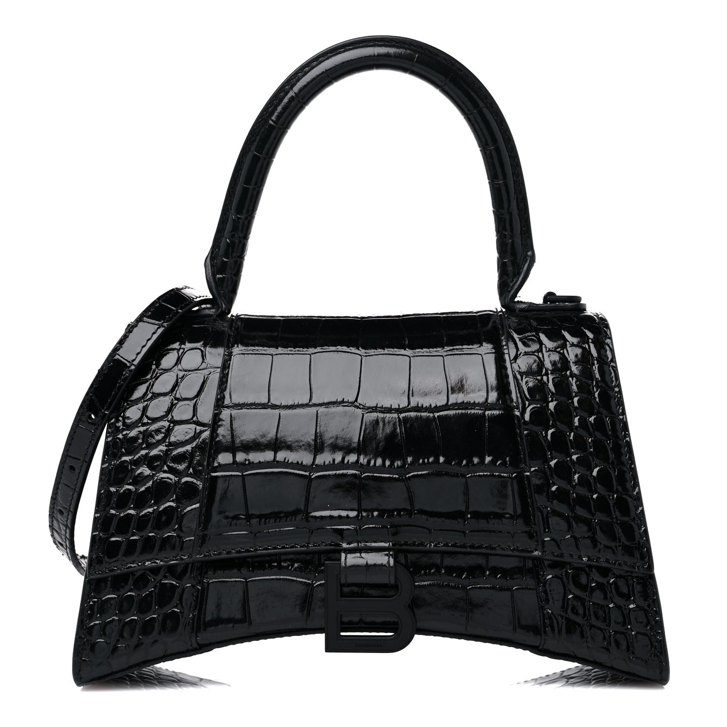 Shiny Calfskin Monochrome Crocodile Embossed Small Hourglass Top Handle Bag Black