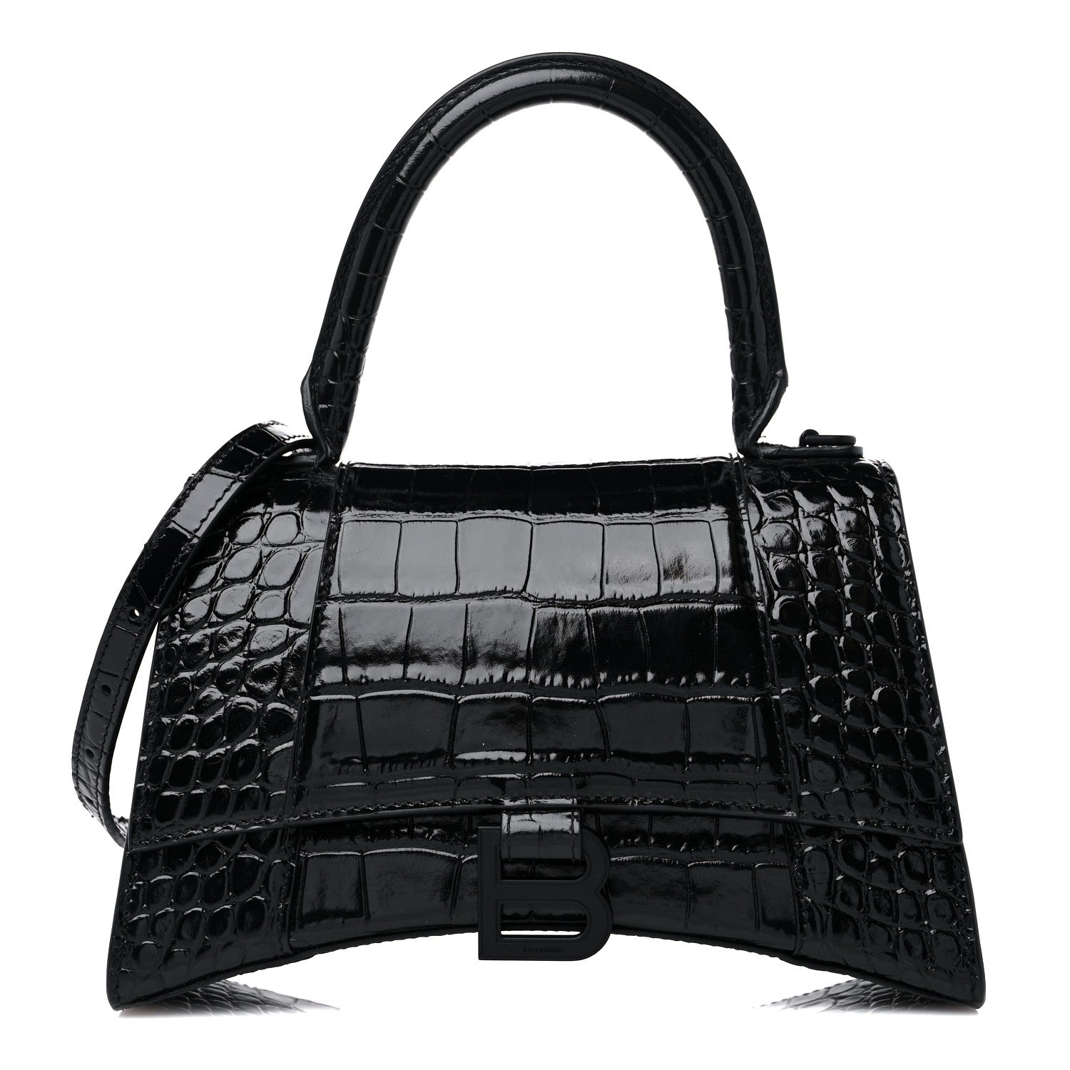 Balenciaga Shiny Calfskin Monochrome Crocodile Embossed Small Hourglass Top Handle Bag Black 1 of 12
