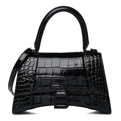 Balenciaga Shiny Calfskin Monochrome Crocodile Embossed Small Hourglass Top Handle Bag Black 1 of 12