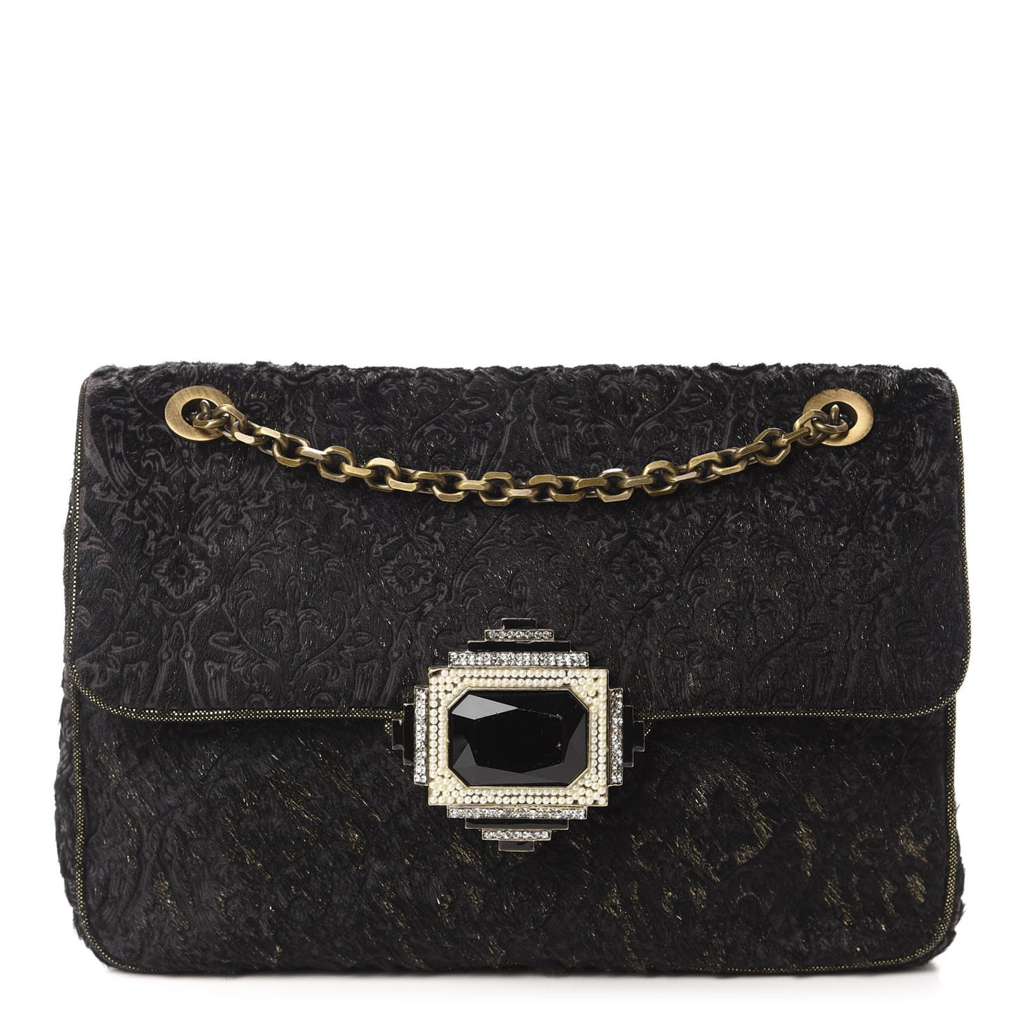 Calf Hair Embroidered Shoulder Bag Black