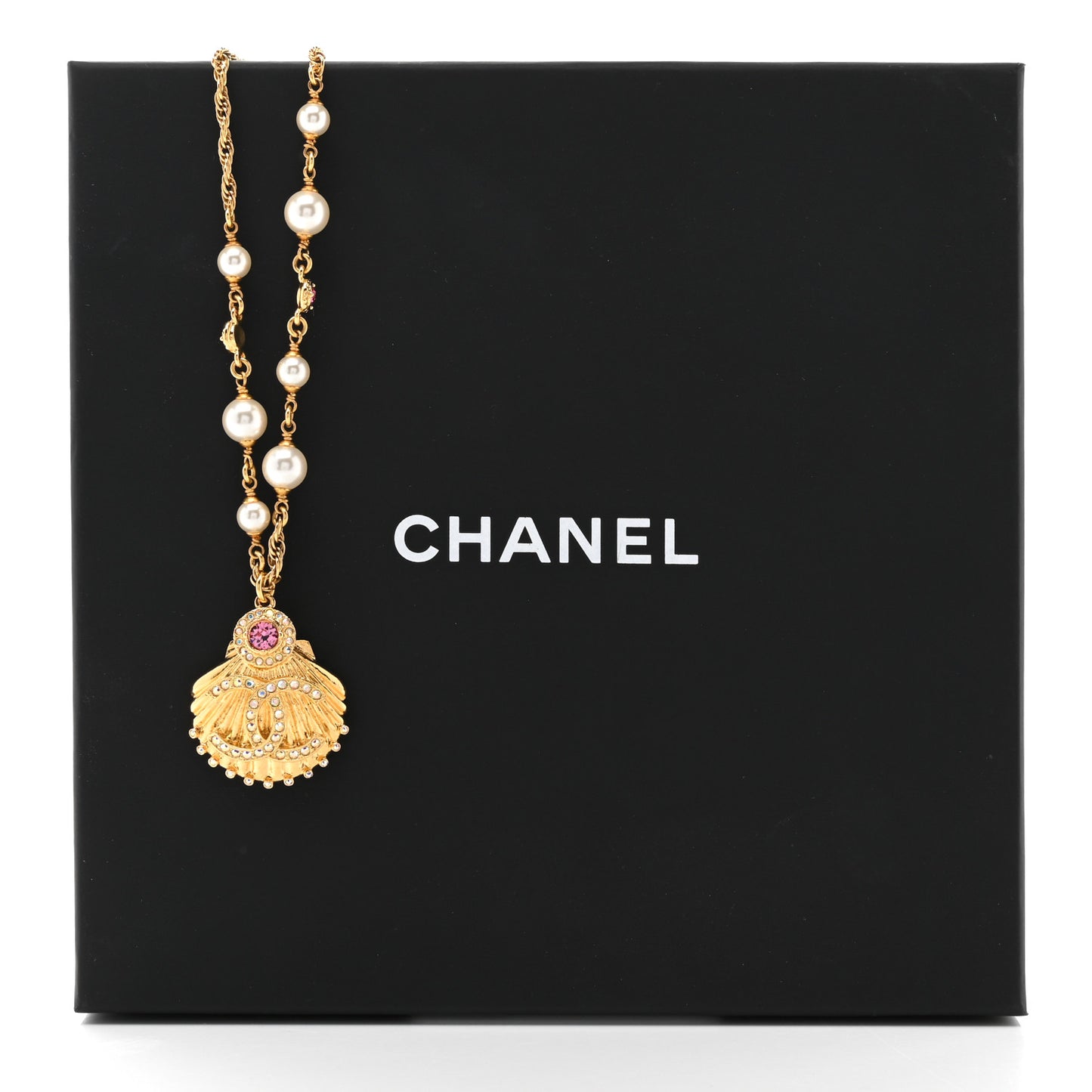 Metal Pearl Crystal CC Shell Necklace Gold Pink Multicolor