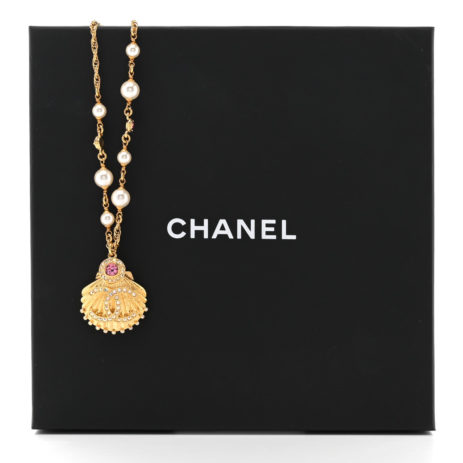Chanel Metal Pearl Crystal CC Shell Necklace Gold Pink Multicolor 6 of 6