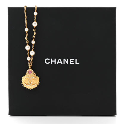 Chanel Metal Pearl Crystal CC Shell Necklace Gold Pink Multicolor 6 of 6
