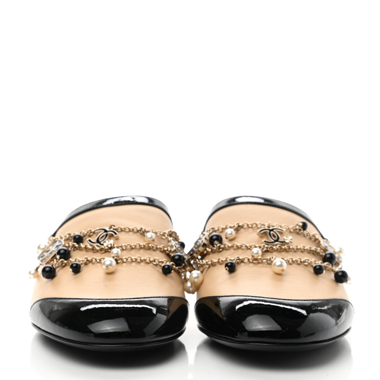Lambskin Patent Pearl Chain Charm CC Mules 39 Beige Black