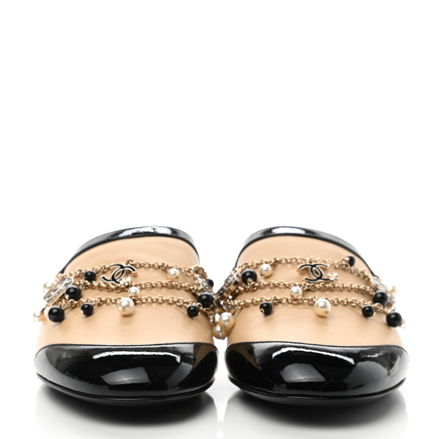Chanel Lambskin Patent Pearl Chain Charm CC Mules 39 Beige Black 2 of 9