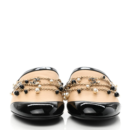 Chanel Lambskin Patent Pearl Chain Charm CC Mules 39 Beige Black 2 of 9