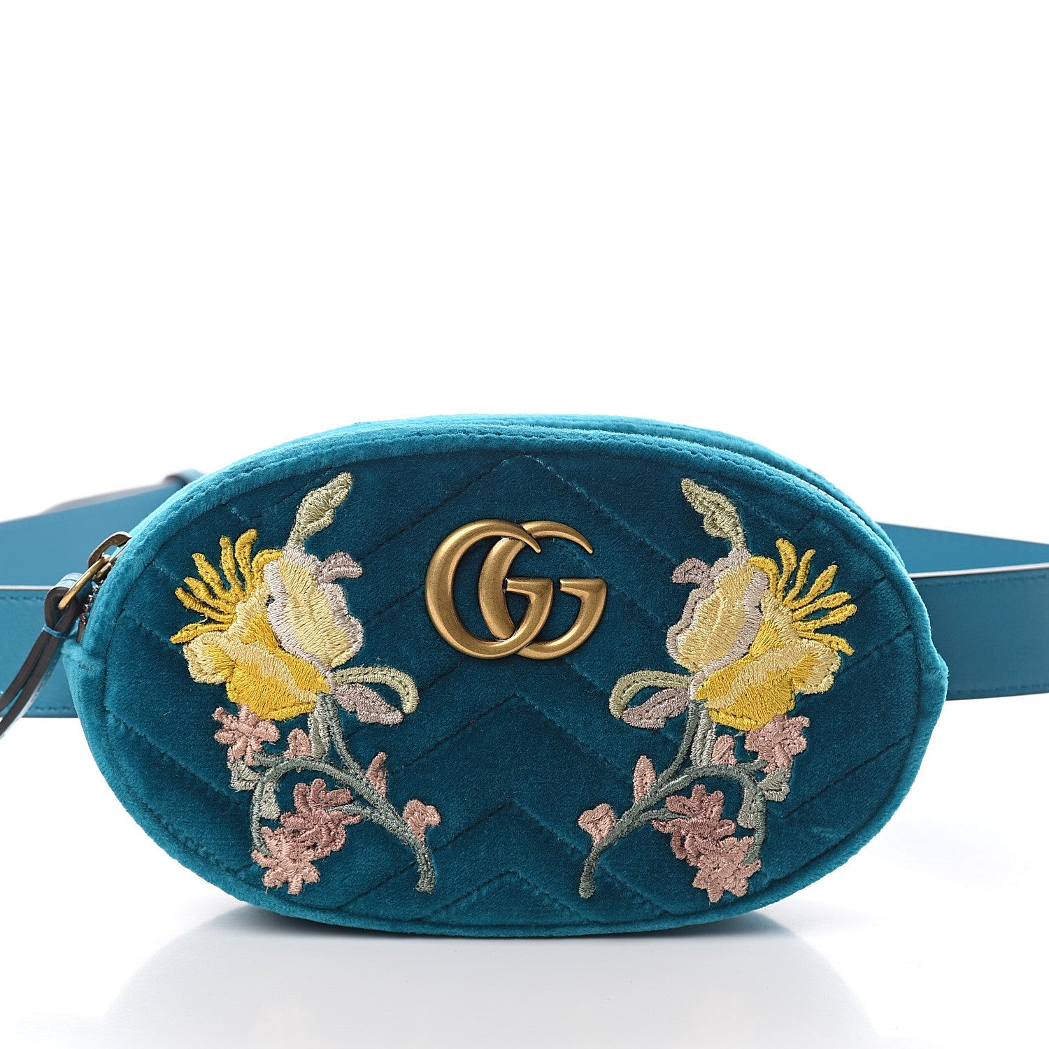 Gucci Velvet Matelasse Embroidered GG Marmont Belt Bag 105 42 Pavone Cyan 6 of 8
