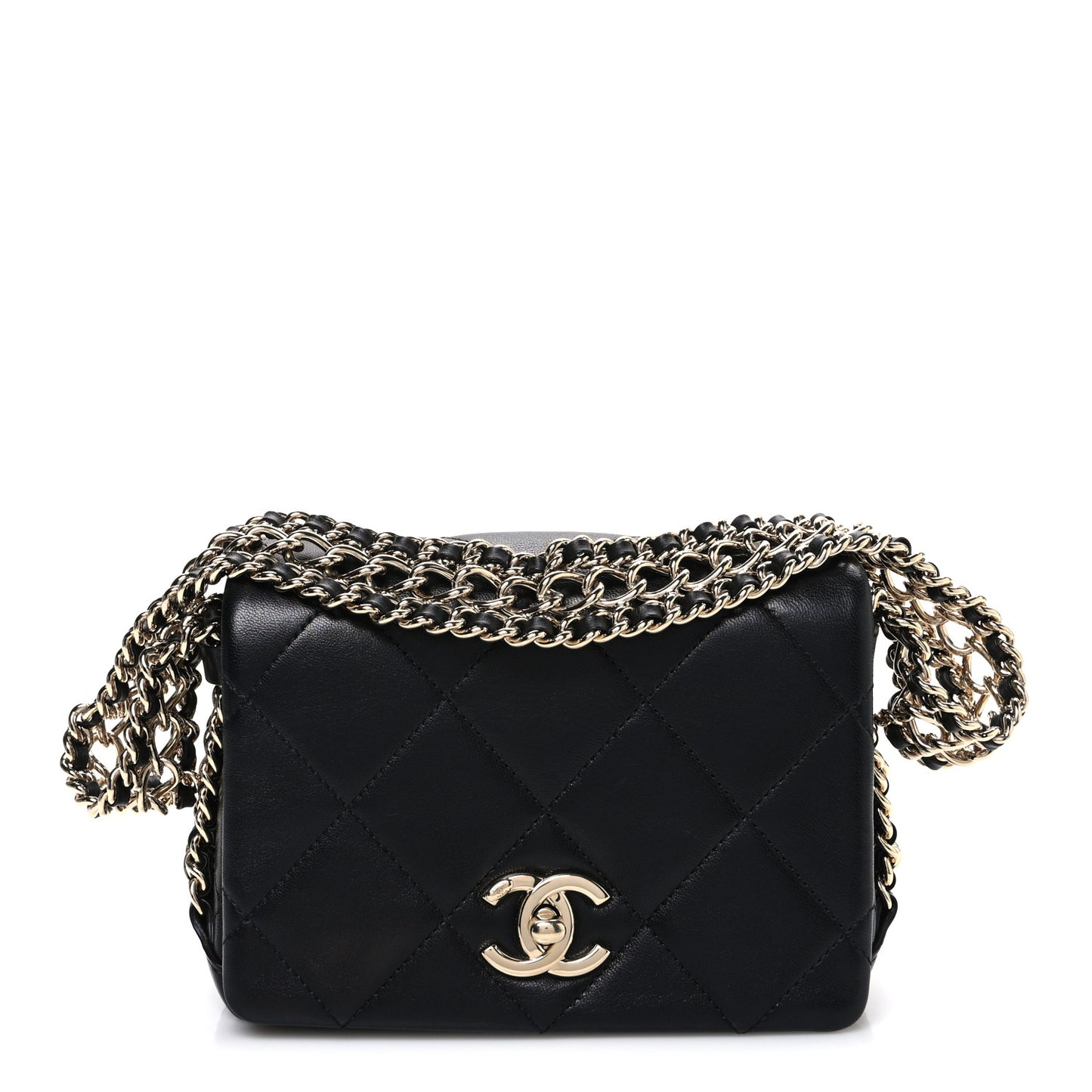 Lambskin Quilted Mini Chain Rows Flap Black
