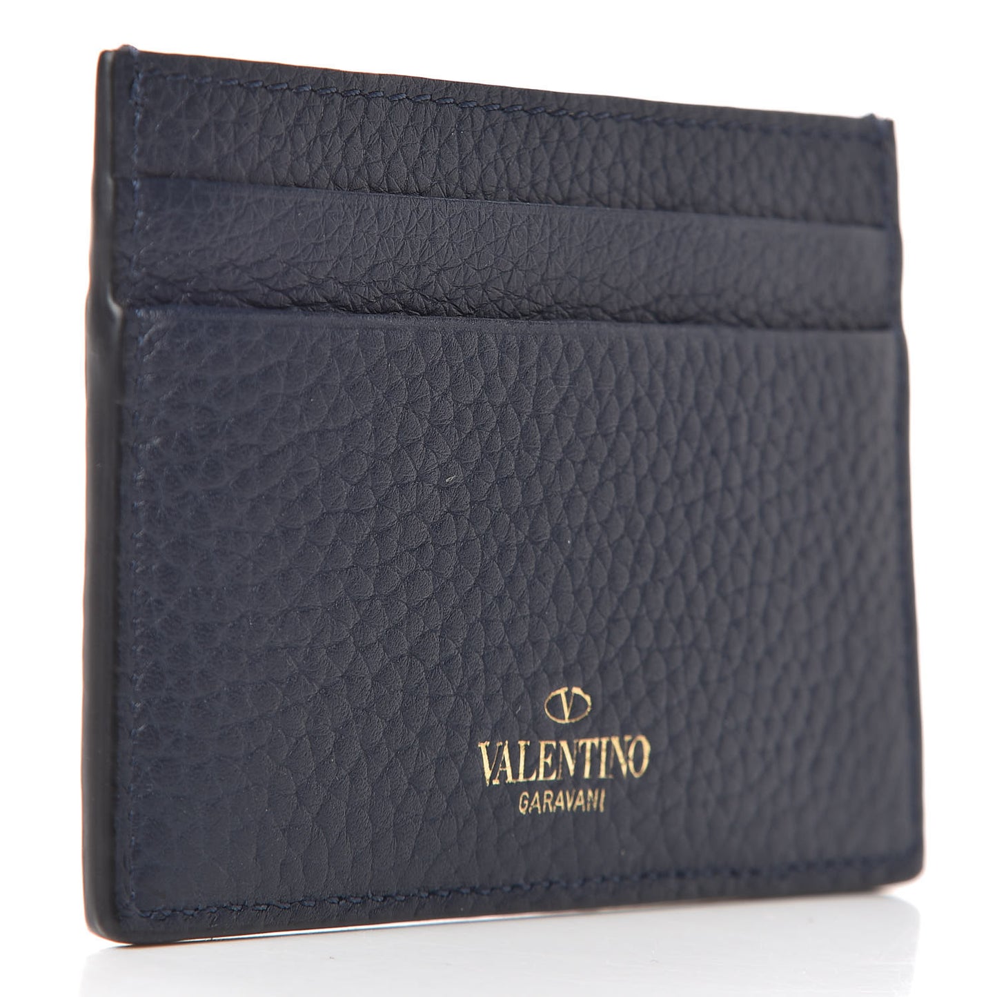 Pebbled Calfskin Rockstud Card Holder Dark Blue
