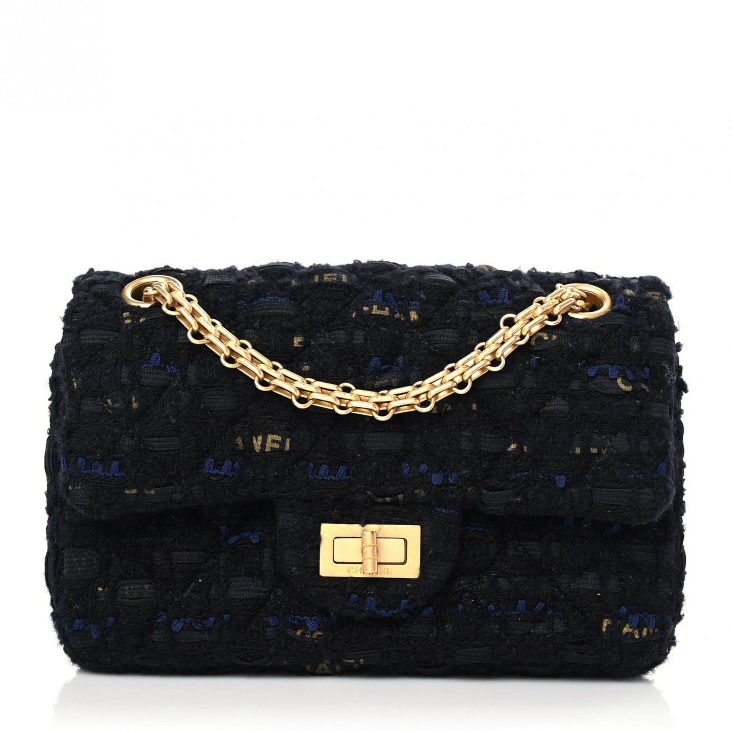 Tweed Quilted Mini 2.55 Reissue Flap Black Gold Navy