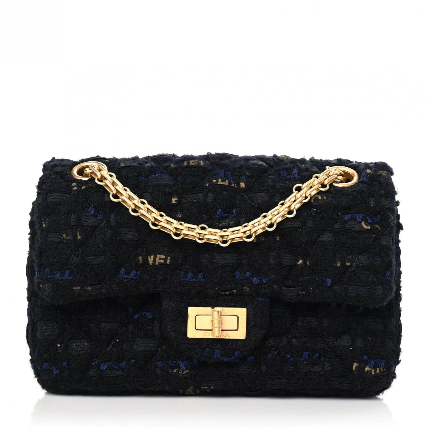 Chanel Tweed Quilted Mini 2.55 Reissue Flap Black Gold Navy 1 of 10